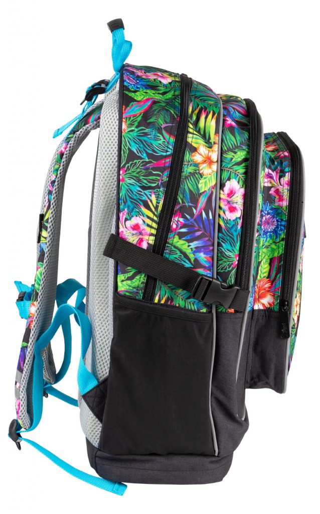 Batoh pro školáky Cubic Tropical má na bocích kapsy na láhev na pití, či jiné drobnosti a kompresní popruh.