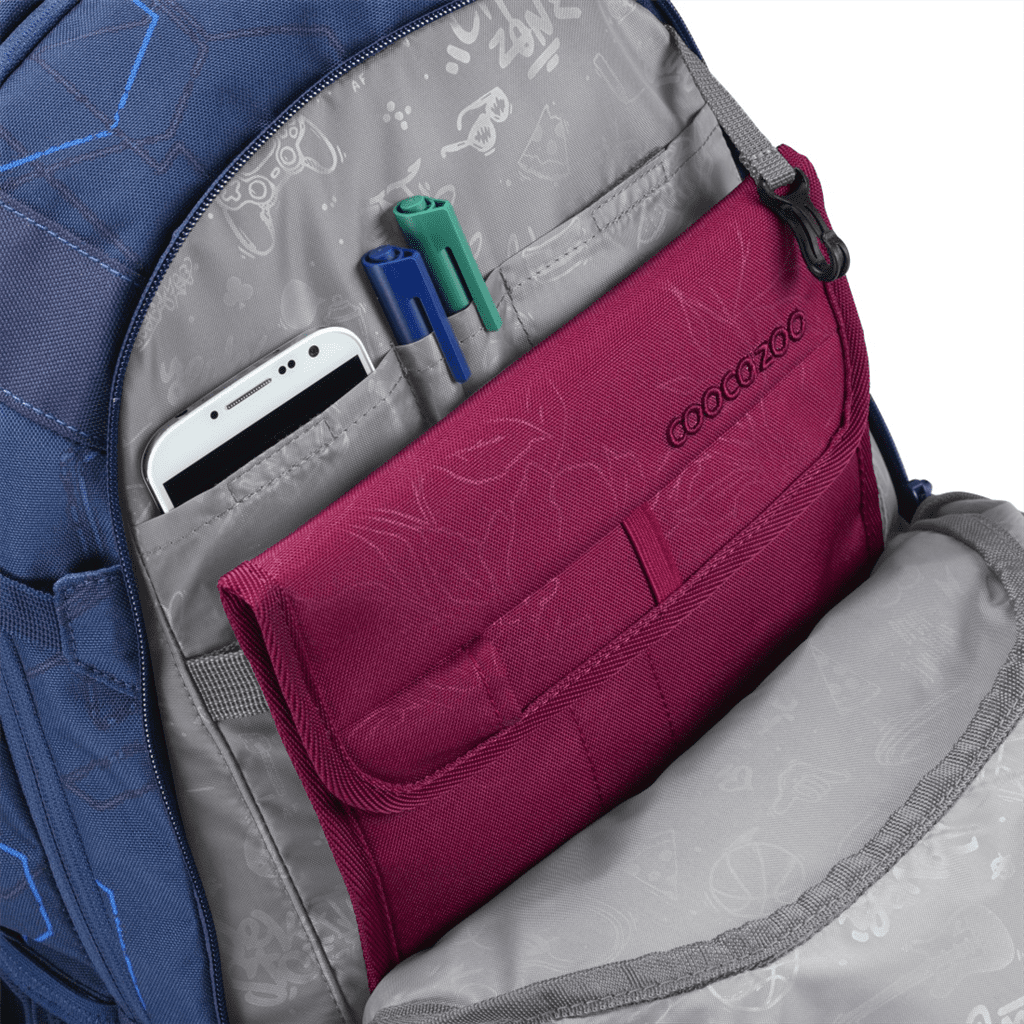 Vnitřní organizér v batohu MATE Blue Motion doplněný pouzdrem na tablet.