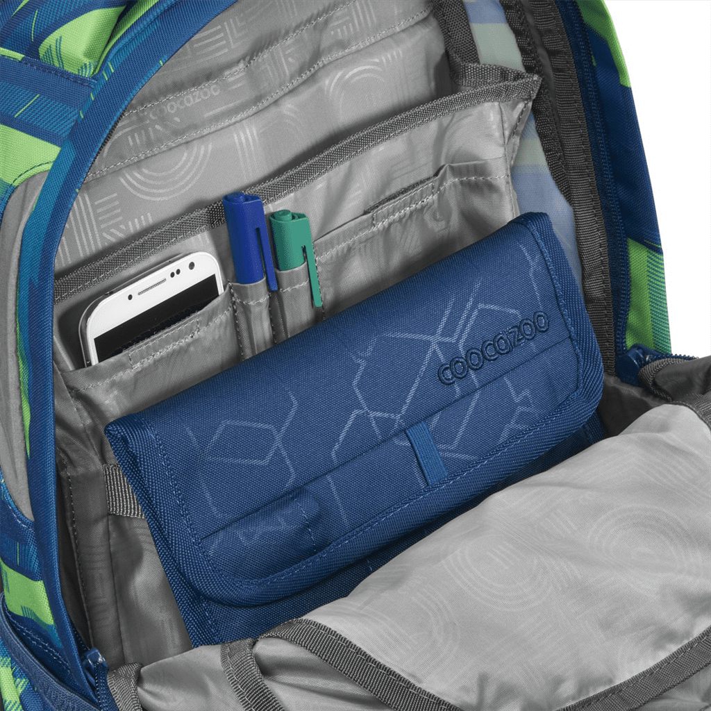 Vnitřní organizér v batohu JOKER Lime Stripe doplněný pouzdrem na tablet.