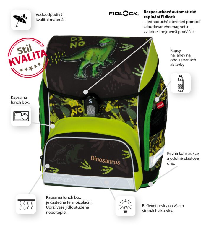 Vlastnosti a funkce aktovky Stil Dino Roar.