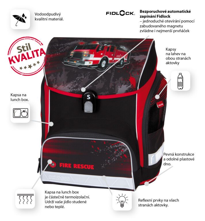 Vlastnosti a funkce aktovky Stil Fire Rescue.