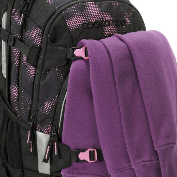 Na upevňovací pásky na batohu MATE Pink Illusion lze upevnit skateboard, oblečení apod.
