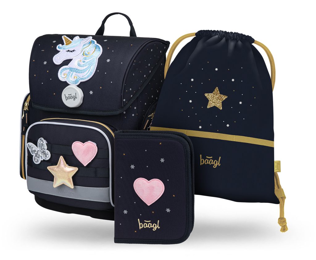BAAGL SET 3 Ergo Unicorn Gold: aktovka, penál, sáček